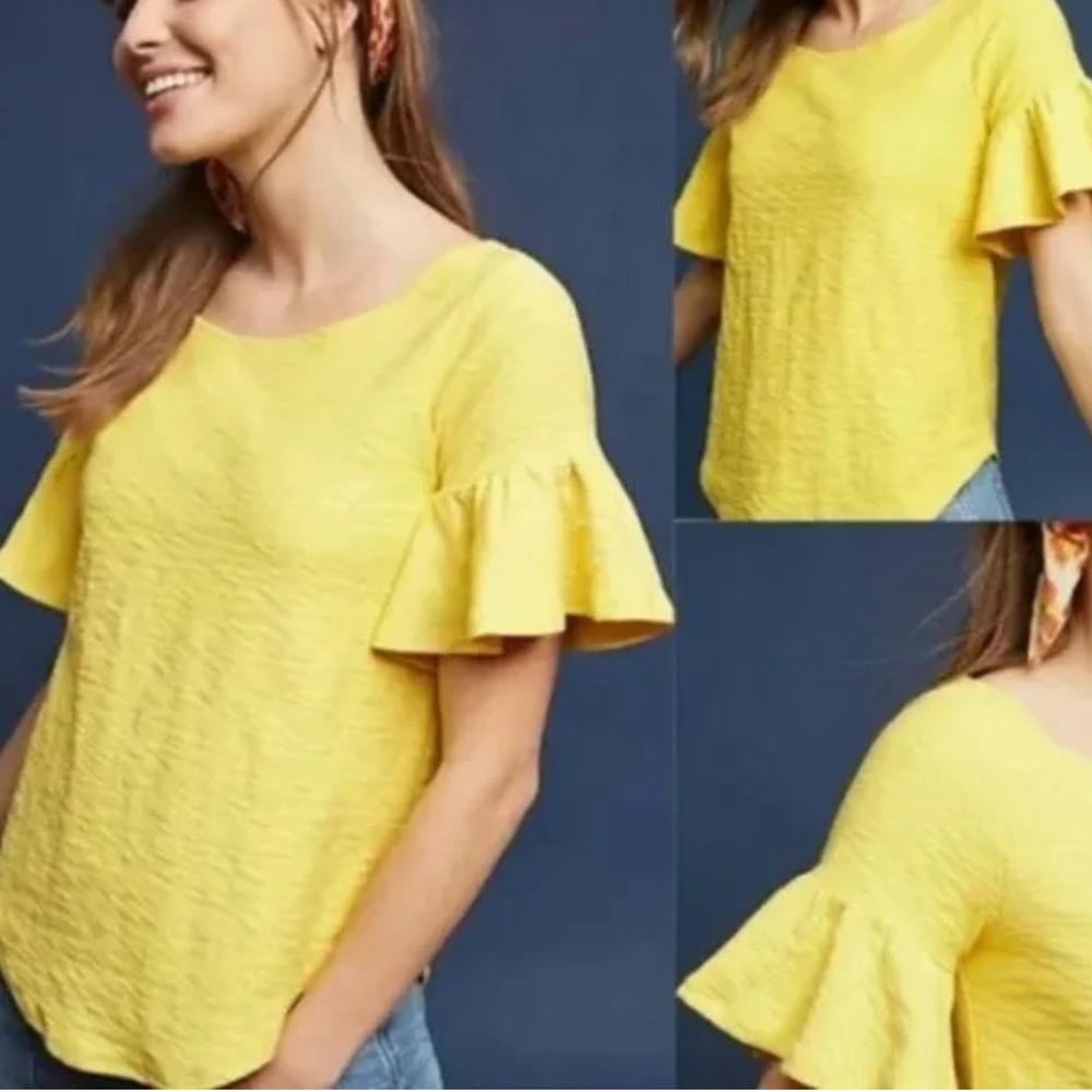 Anthropologie Postage Stamp Yellow Ruffle Flutter Short Sleeve